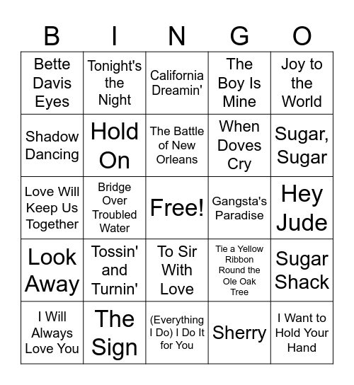 Top Hits of History '58-'99 Bingo Card