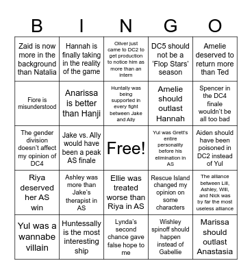 My DC Hot Takes Bingo Card