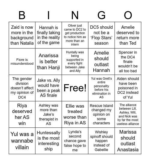 My DC Hot Takes Bingo Card