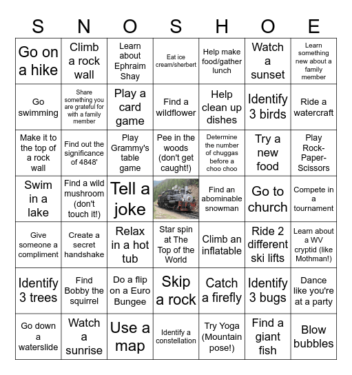 Snowshoe Family Adventure Challenge Bingo Card