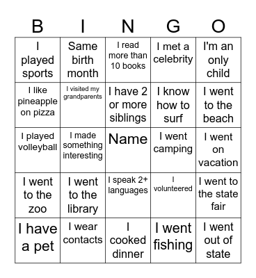 Back to School Bingo Card