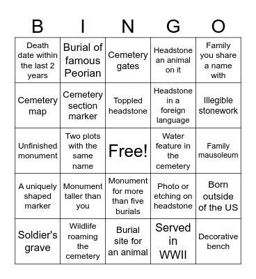 Cemetery Bingo Card