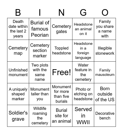 Cemetery Bingo Card