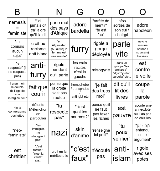 Bingo des droitards de vrchat Bingo Card