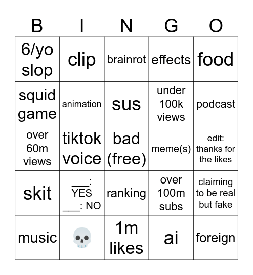 YOUTUBE SHORTRS BINGO 2025 Bingo Card