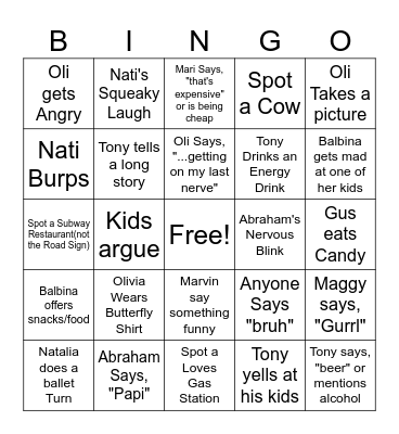 Road Trip Bingo Card
