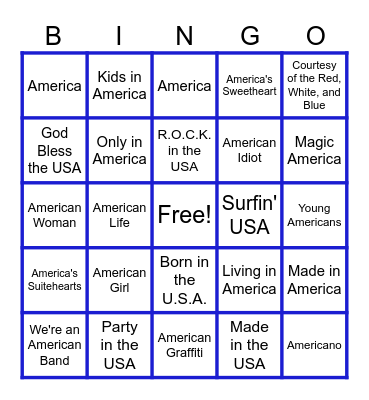 MUSIC BINGO at the Ann Arbor Eagles!  America, American, USA! Bingo Card