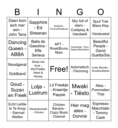 Muziek Bingo Card