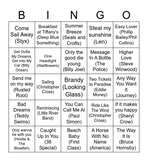 YY3 Yacht Rock Bingo Card