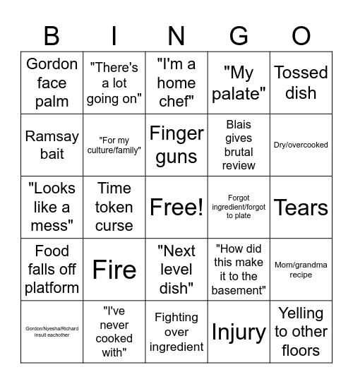 Next level chef Bingo Card