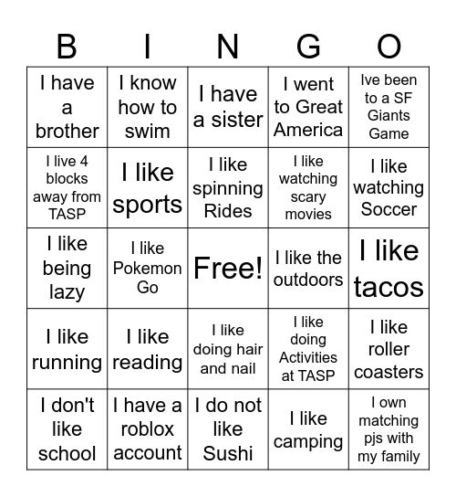 Things in Common Bingo Card