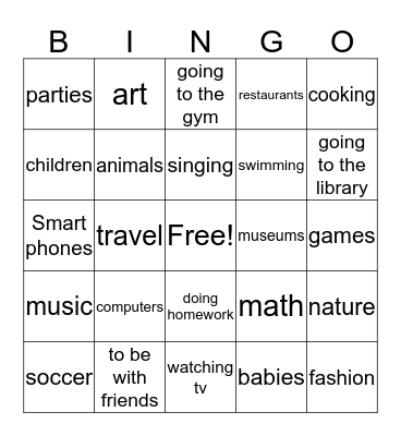 "I like..." Bingo Card