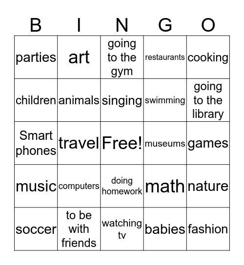 "I like..." Bingo Card