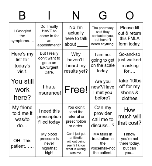 Medical Assistant Bingo Card