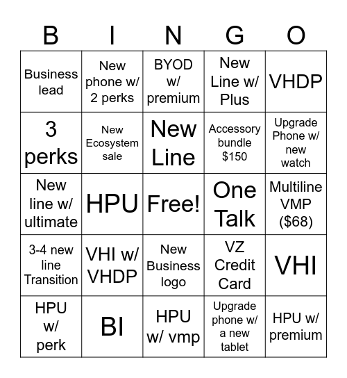 Verizon Bingo Card
