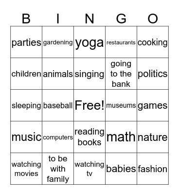 "I like..." Bingo Card