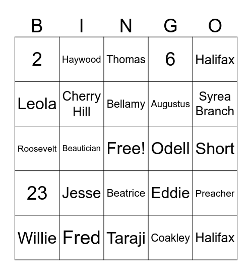 Cofield Family Bingo Card