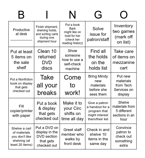Library Tasks Bingo Card