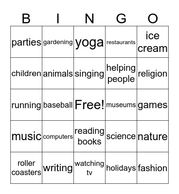 "I like..." Bingo Card