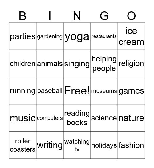 "I like..." Bingo Card