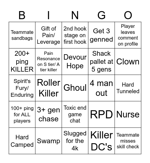 DBD Bingo Card