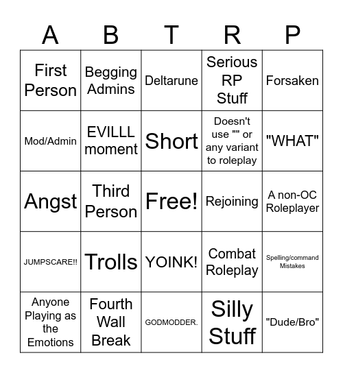 ABTRP Bingo (Non-VC Version) Bingo Card