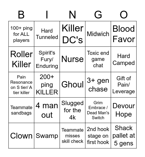 DBD Bingo Card