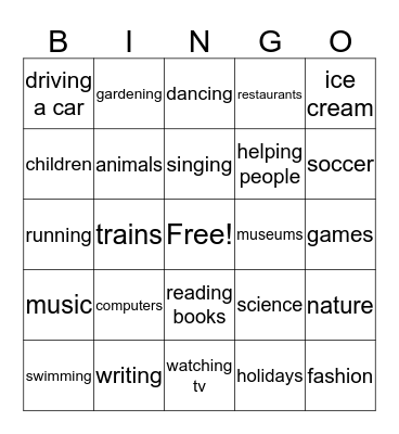 "I like..." Bingo Card