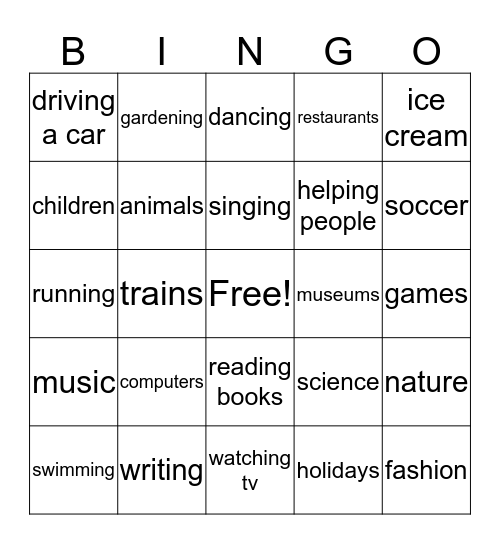 "I like..." Bingo Card