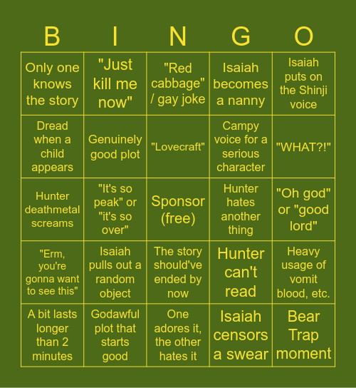 Creepcast Bingo Card