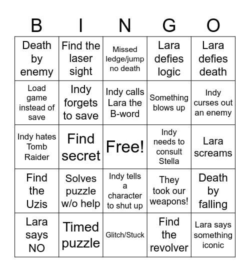 Tomb Raider Bingo Card
