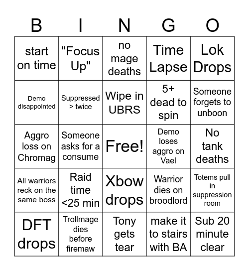 Thursday BWL Bingo Card