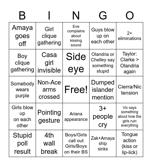 LOVE ISLAND Bingo Card