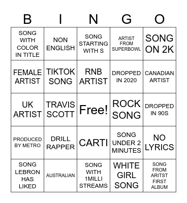 spotify Bingo Card