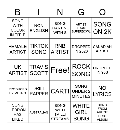 spotify Bingo Card