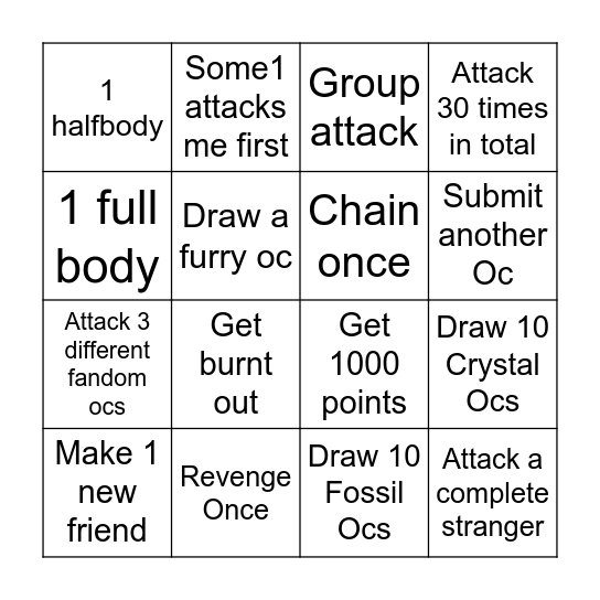 Artfight 2025 Bingo Card