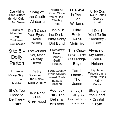 80's Country Bingo Card