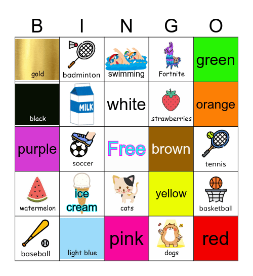Color Sports Food Things Bingo Card