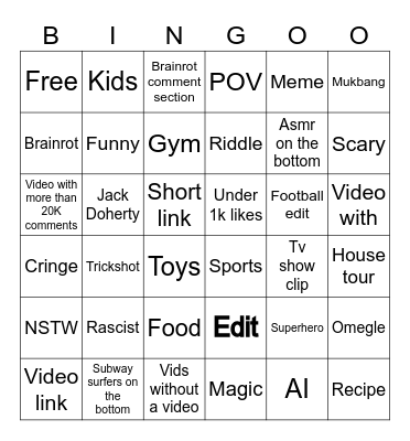 Youtube shorts bingo Card