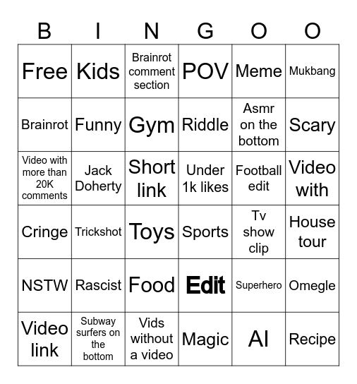 Youtube shorts bingo Card