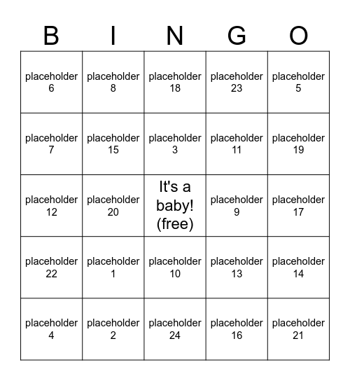 Baby Bingo Placeholder Bingo Card