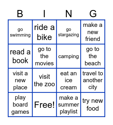 Summer Holidays Bingo Card