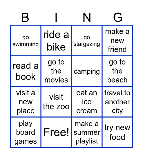 Summer Holidays Bingo Card