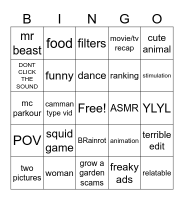 yt shorts bingo Card