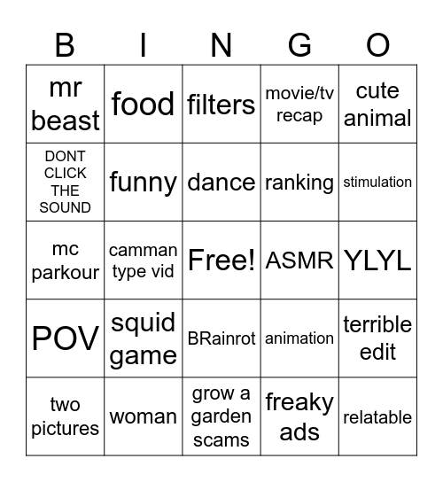 yt shorts bingo Card
