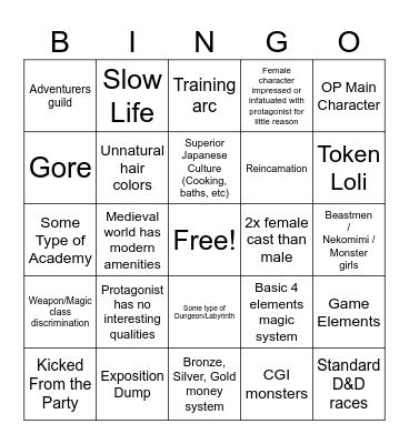 Fantasy Anime Bingo Card