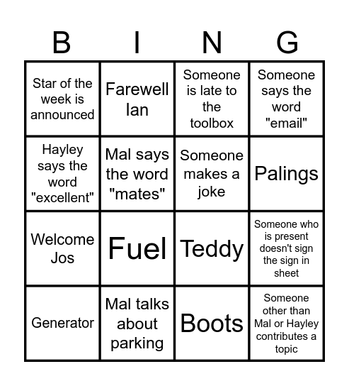 Big Mals July toolbox Bingo Card