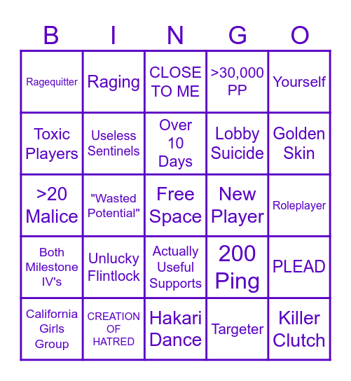 Forsaken Bingo Card