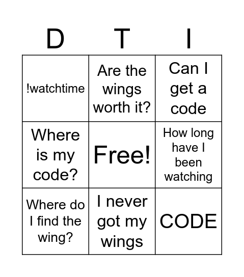 Dti wings Bingo Card