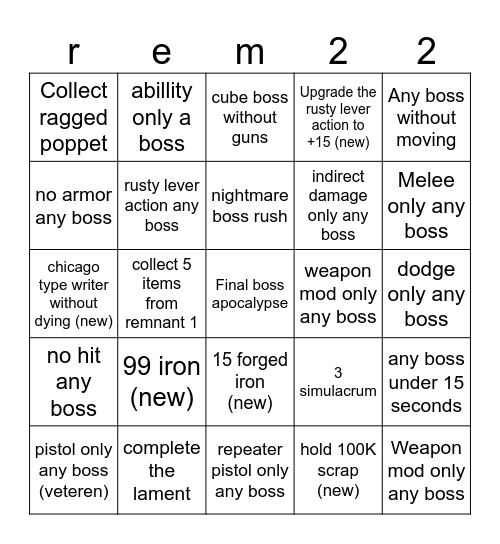 Rem 2 Bingo Card